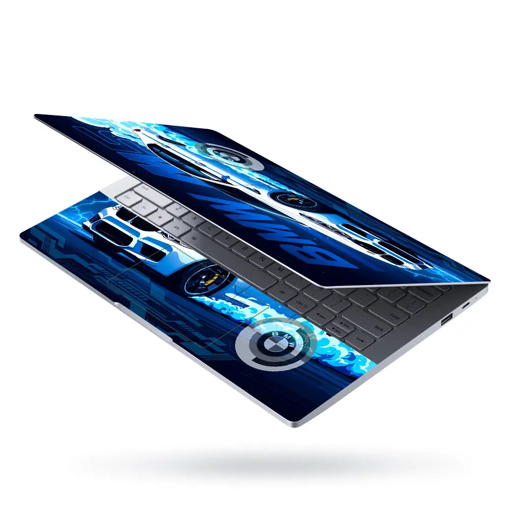 BMW M5 White Blue Neon Car Laptop Skin - View 3