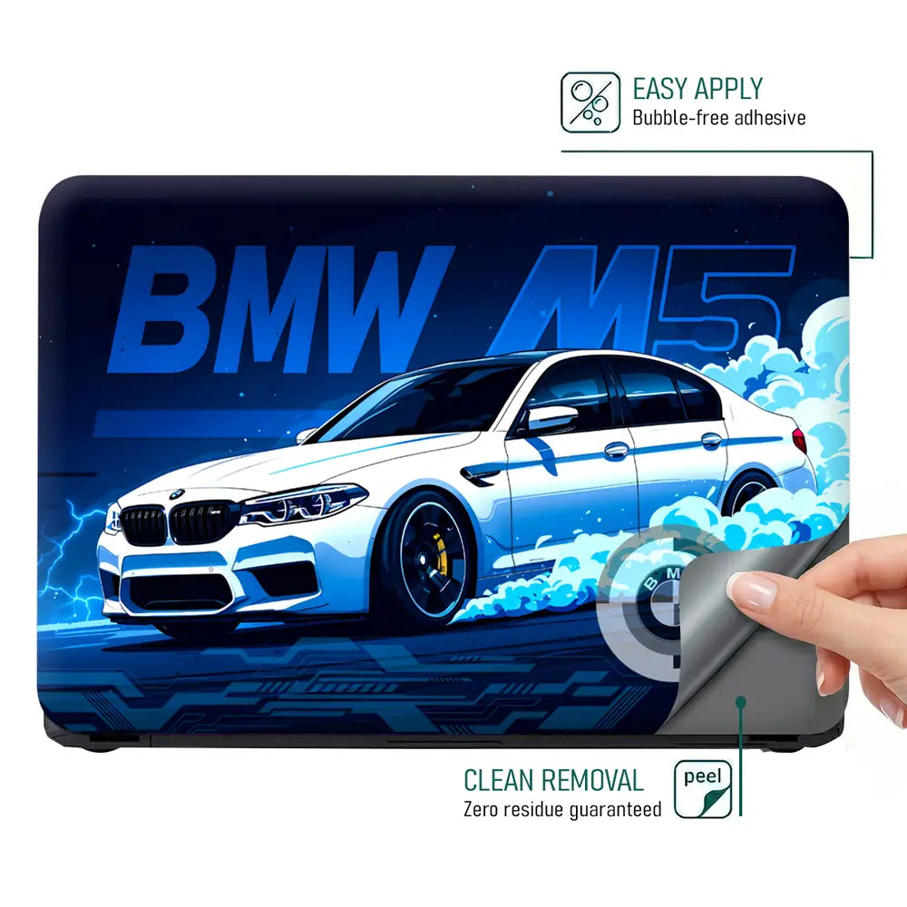 BMW M5 White Blue Neon Car Laptop Skin - View 4