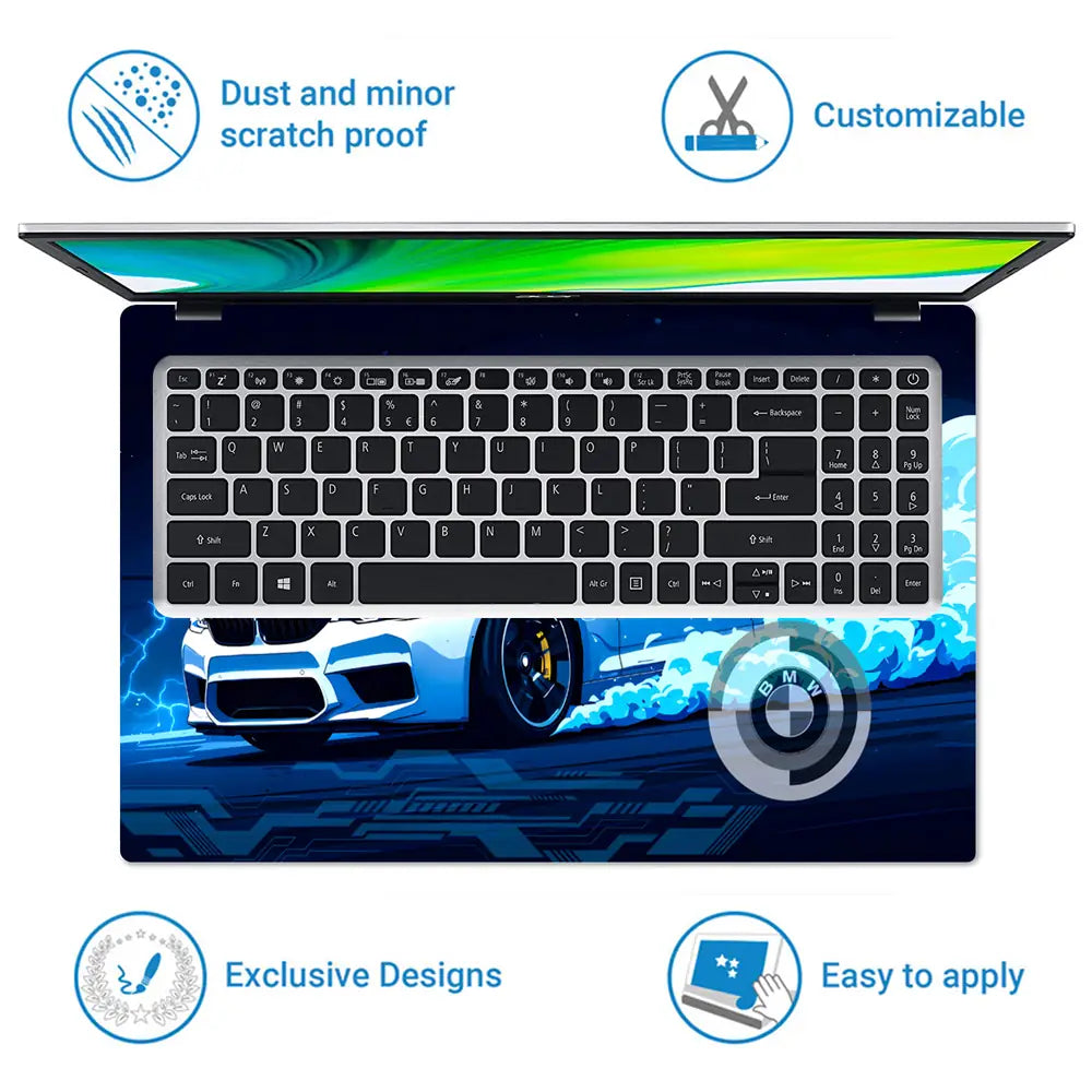 BMW M5 White Blue Neon Car Laptop Skin - View 5