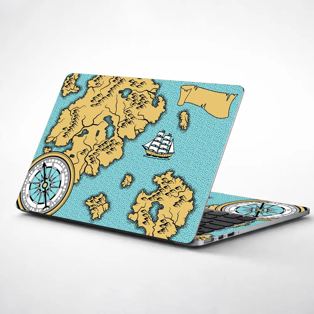 Boat Compass Dark Cyan Shaded Map Laptop Skin - View 1
