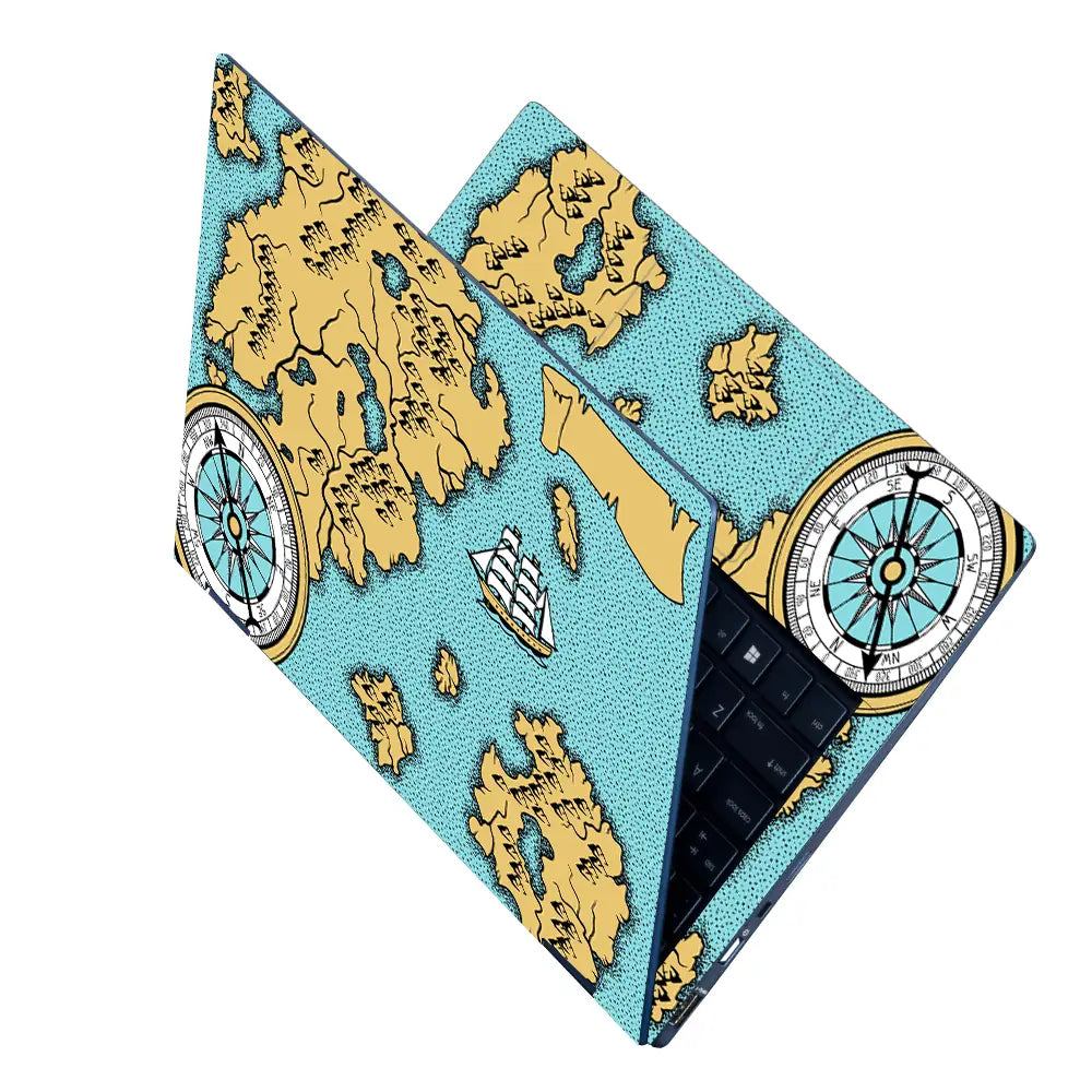 Boat Compass Dark Cyan Shaded Map Laptop Skin - View 2