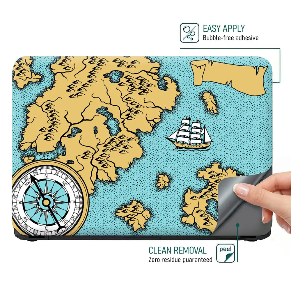 Boat Compass Dark Cyan Shaded Map Laptop Skin - View 4
