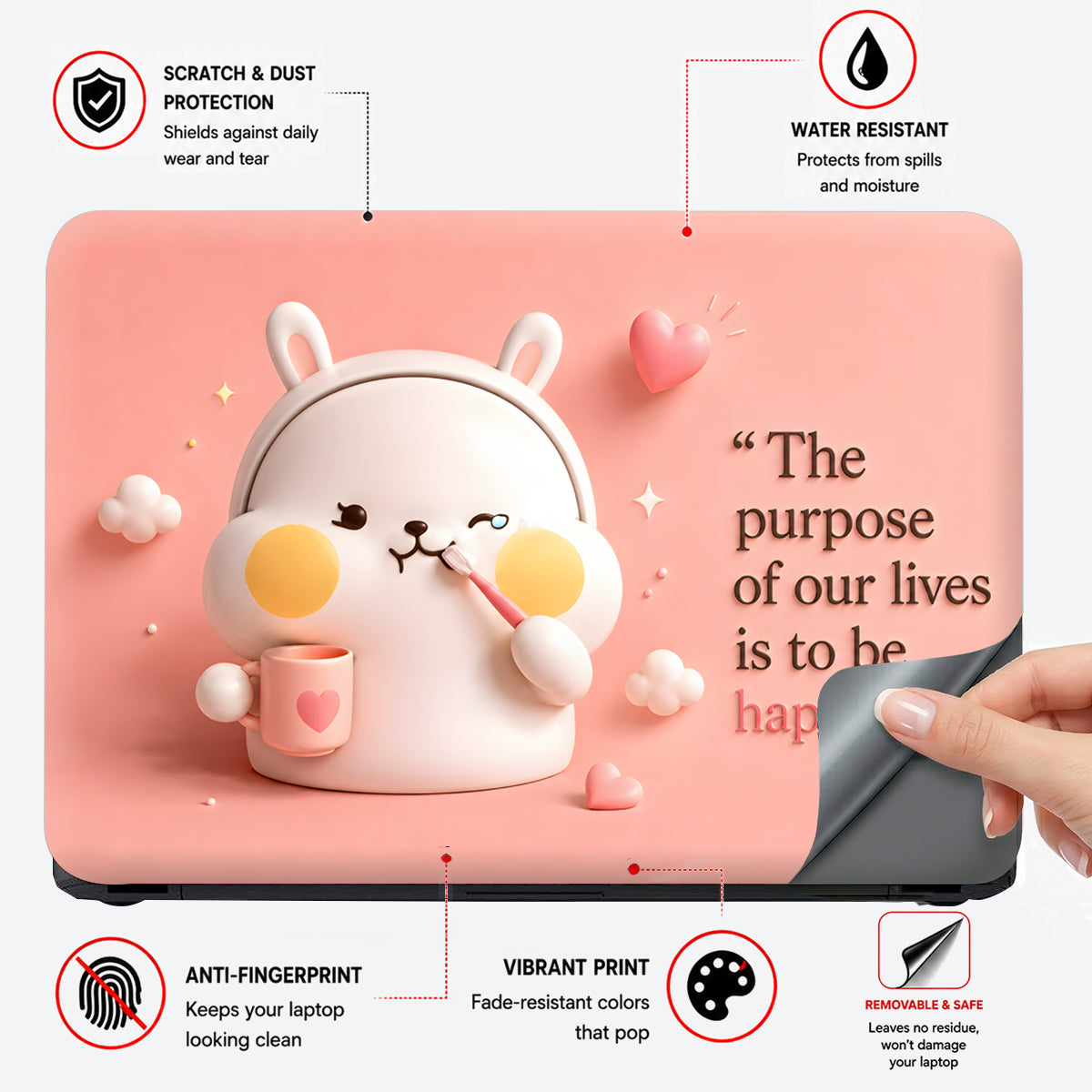 Bunny Purpose Happy Quote Pink Laptop Skin - View 4