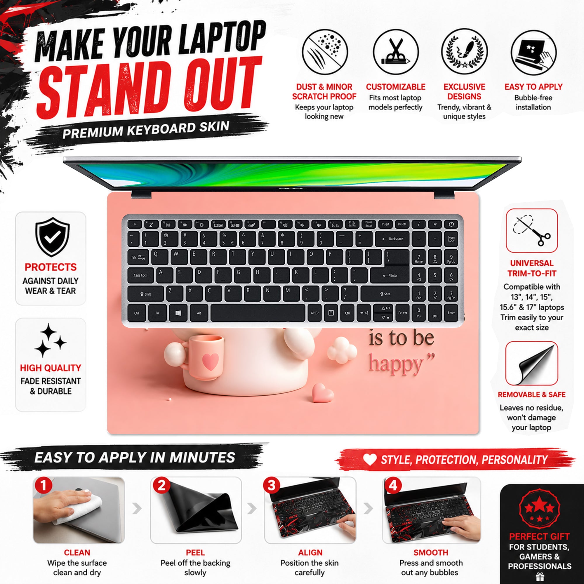 Bunny Purpose Happy Quote Pink Laptop Skin - View 5