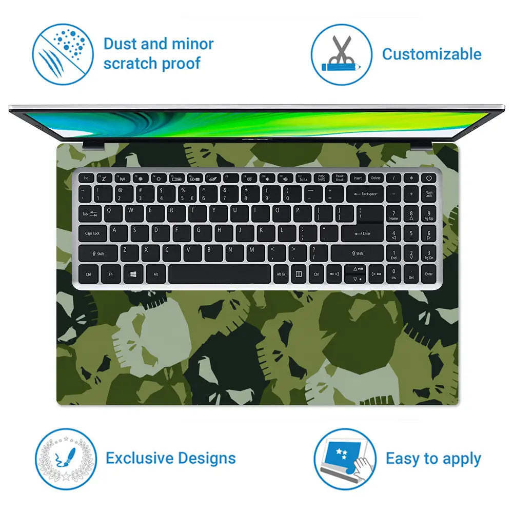 Camouflage Green Skull Laptop Skin - View 5