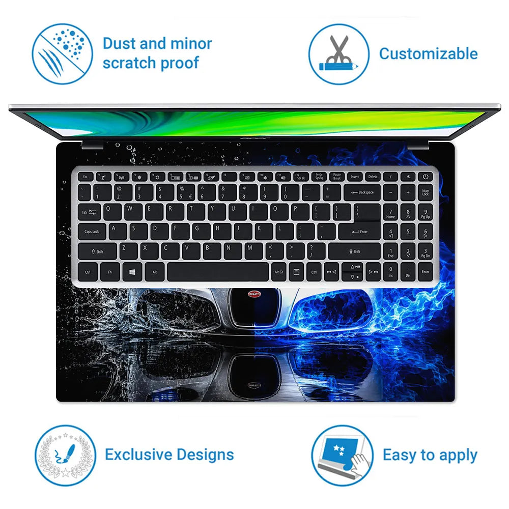 Cars Bugatti Water Splash Blue Flame Laptop Skin - View 5