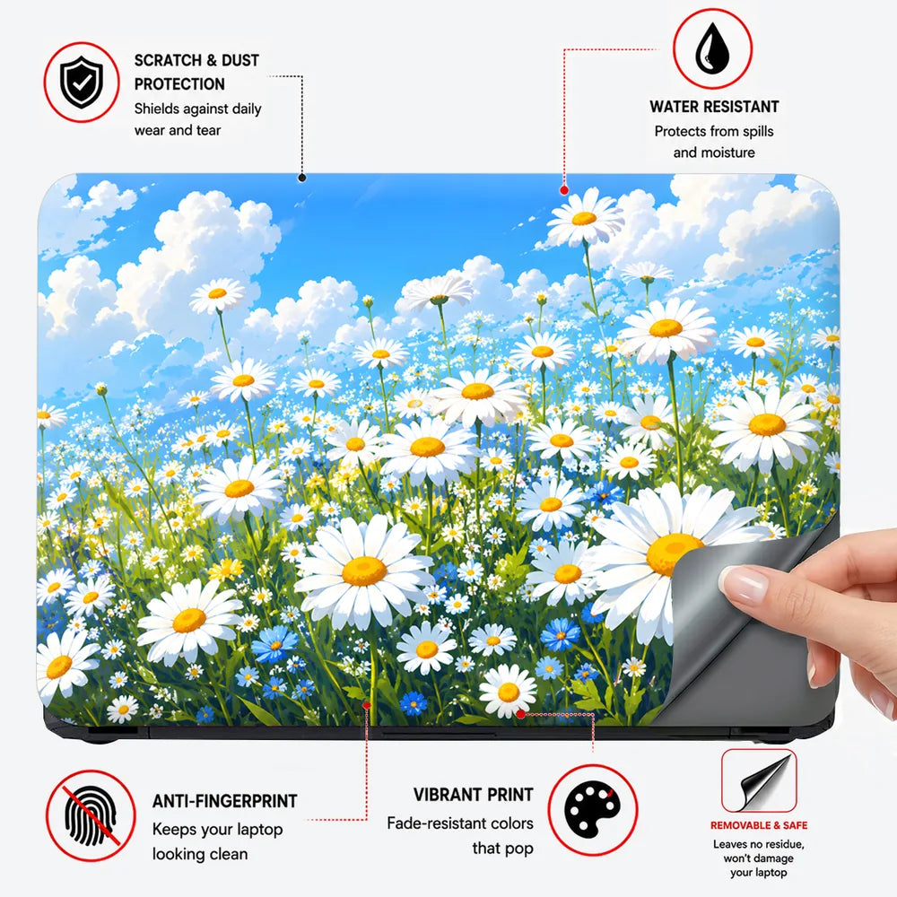 Daisy Field Blue Sky Clouds Laptop Skin - View 4