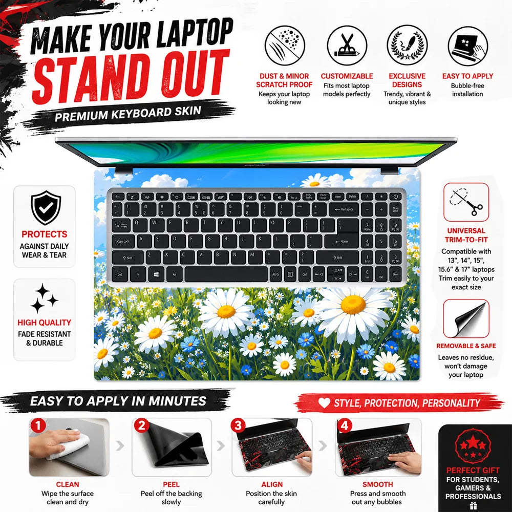 Daisy Field Blue Sky Clouds Laptop Skin - View 5