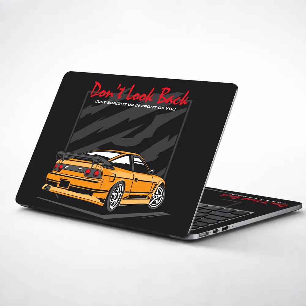 Don't Look Back Orange Sports Car Laptop Skin - View 1