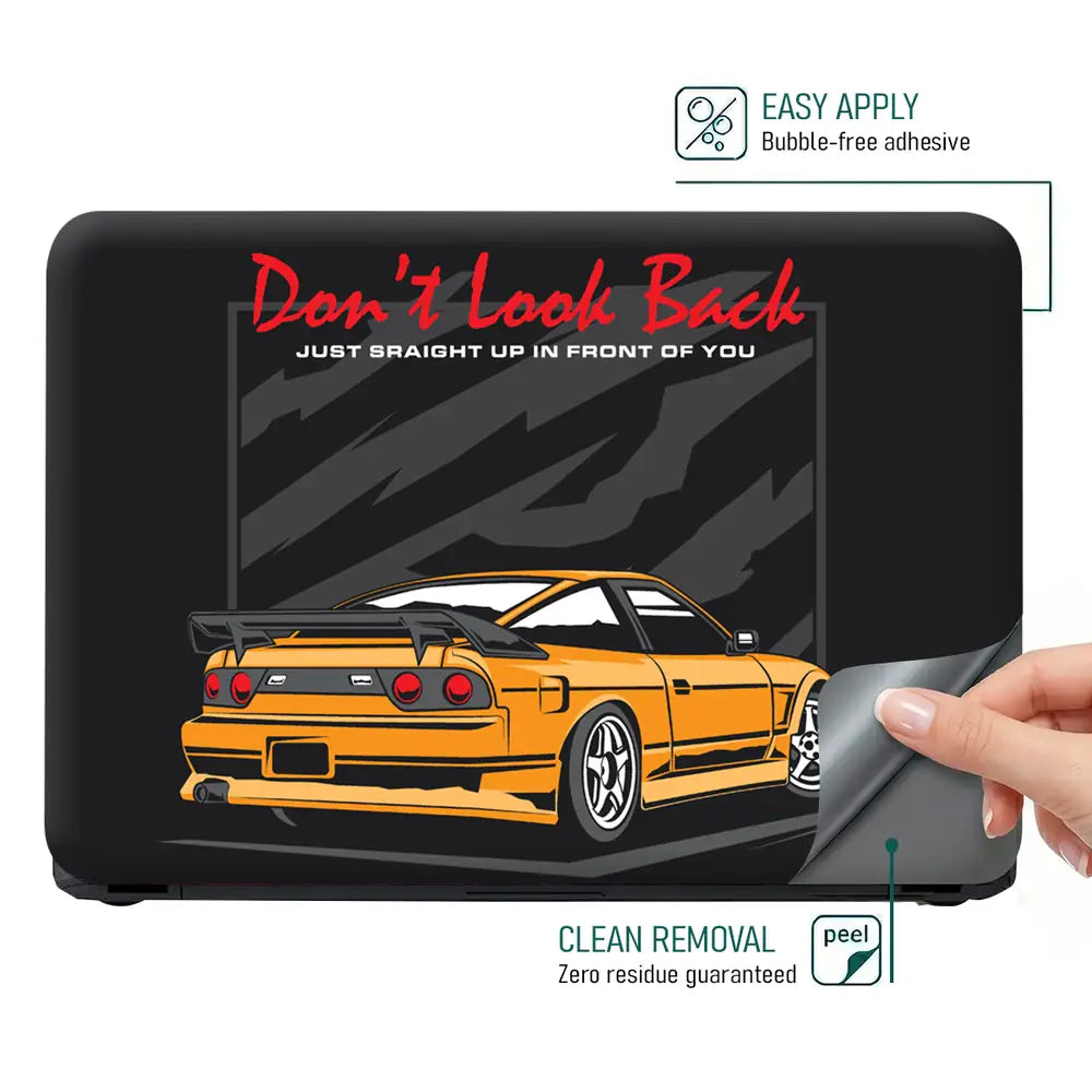 Don't Look Back Orange Sports Car Laptop Skin - View 4