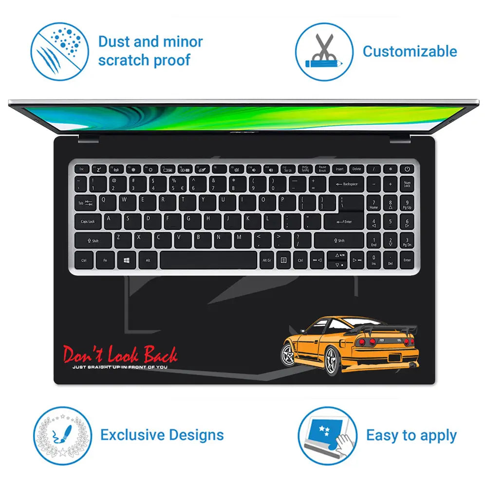 Don't Look Back Orange Sports Car Laptop Skin - View 5