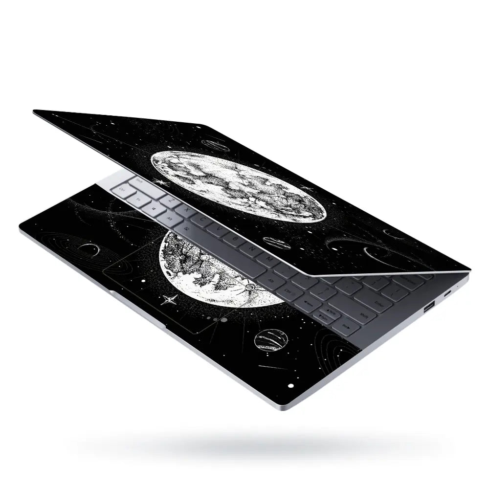 Doodle Space Moon Black White Laptop Skin - View 3