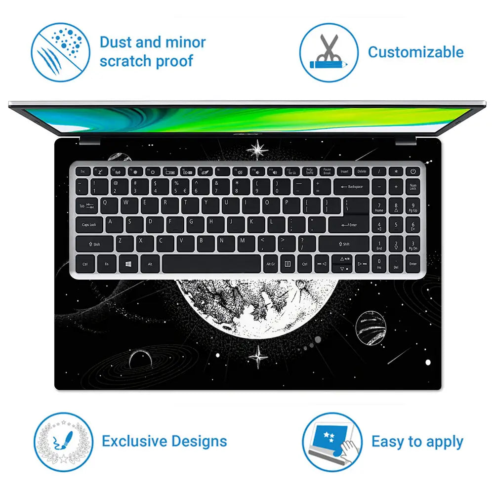 Doodle Space Moon Black White Laptop Skin - View 5