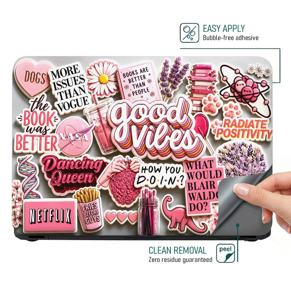 Doodle Stickers Pink Good Vibes Positivity Laptop Skin - View 4