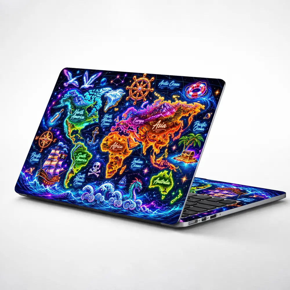 Doodle World Map Neon Bright Pirate Laptop Skin - View 1