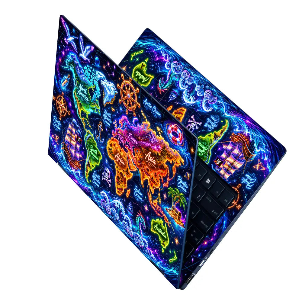 Doodle World Map Neon Bright Pirate Laptop Skin - View 2