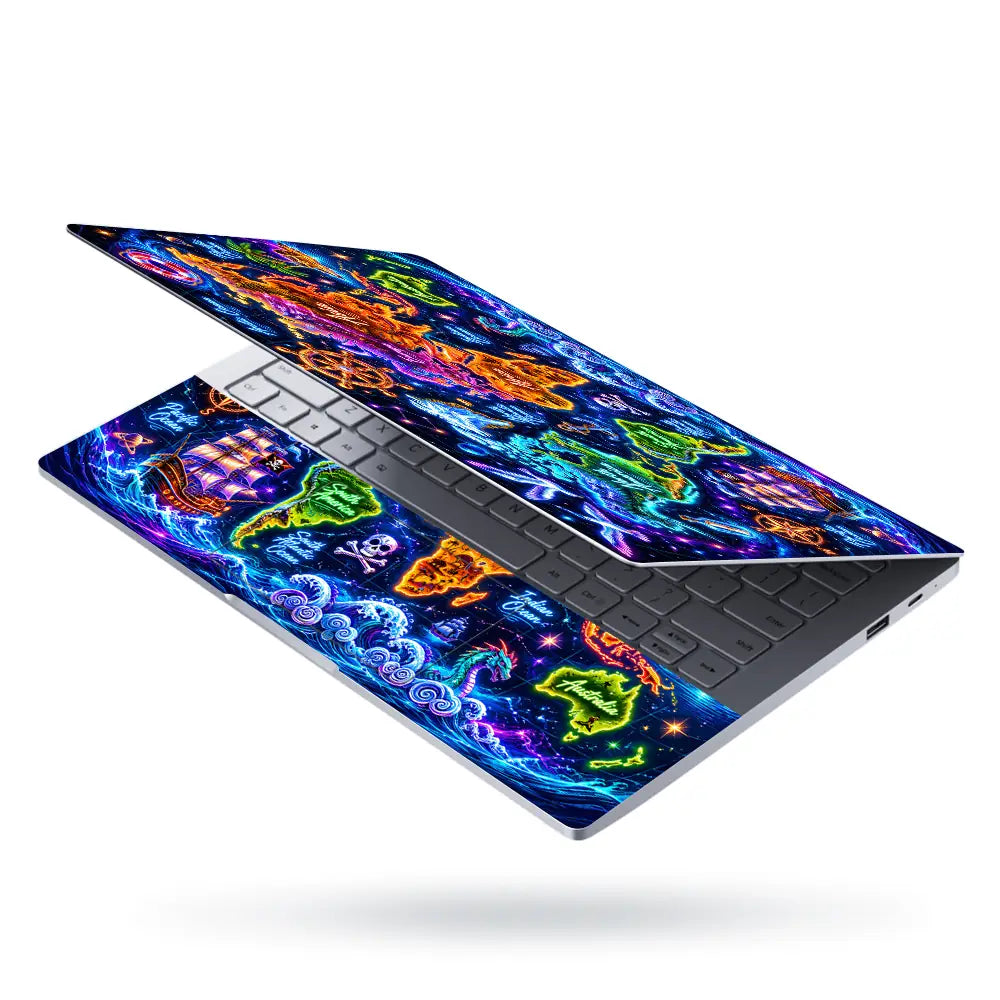 Doodle World Map Neon Bright Pirate Laptop Skin - View 3