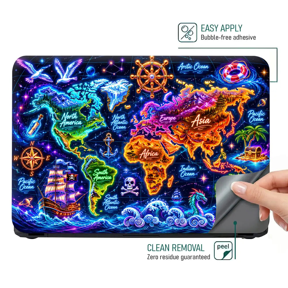 Doodle World Map Neon Bright Pirate Laptop Skin - View 4