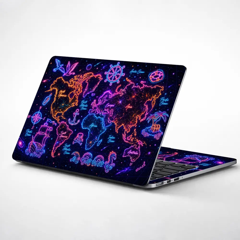 Doodle World Map Neon Dark Pirate Laptop Skin - View 1