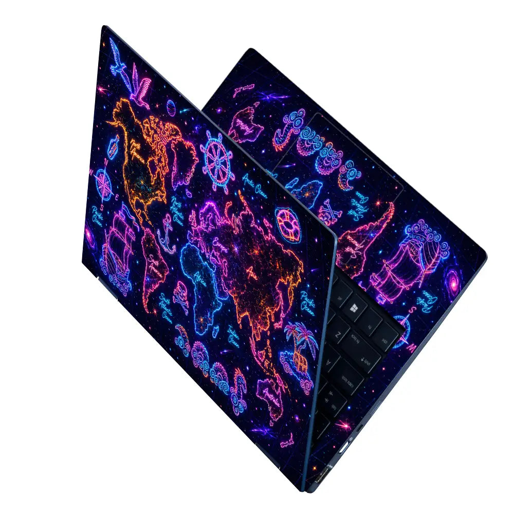 Doodle World Map Neon Dark Pirate Laptop Skin - View 2