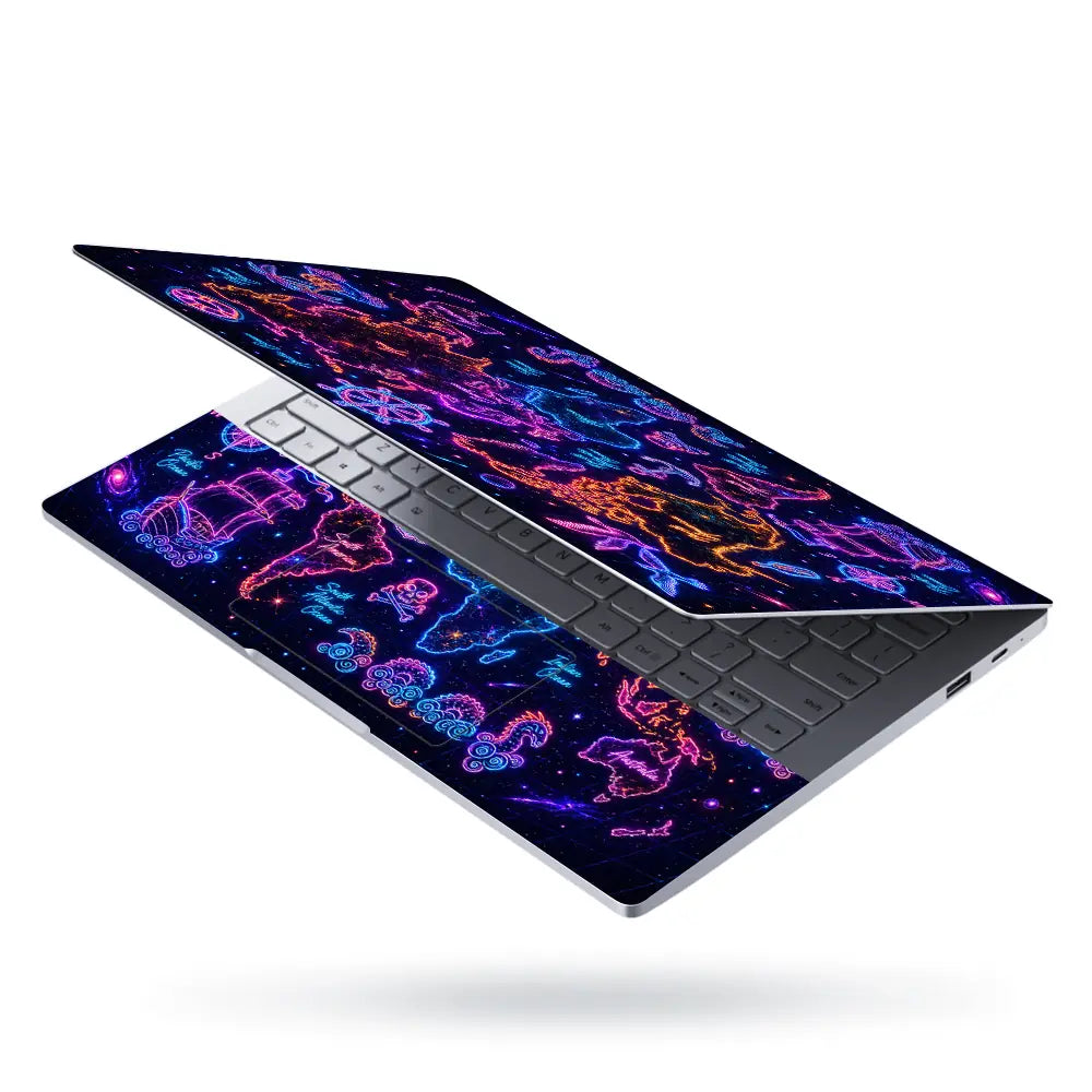 Doodle World Map Neon Dark Pirate Laptop Skin - View 3
