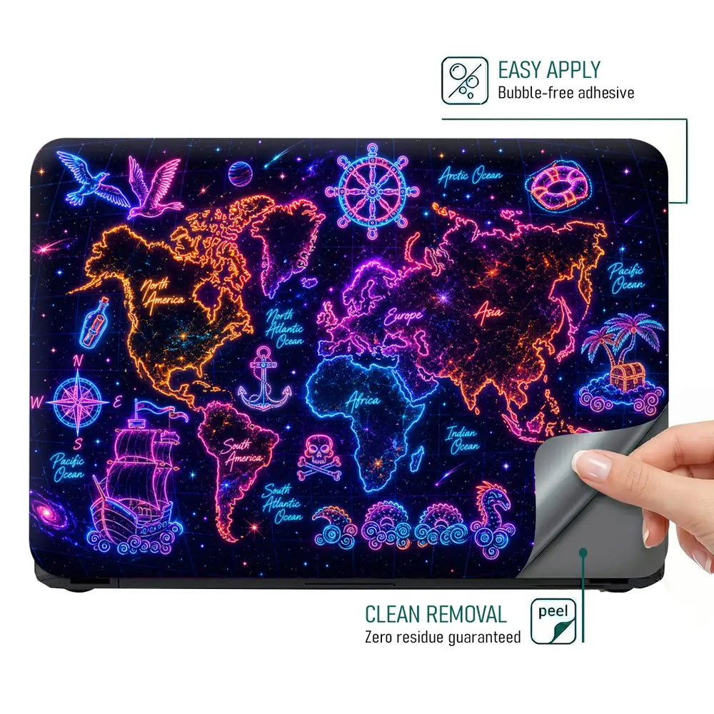 Doodle World Map Neon Dark Pirate Laptop Skin - View 4