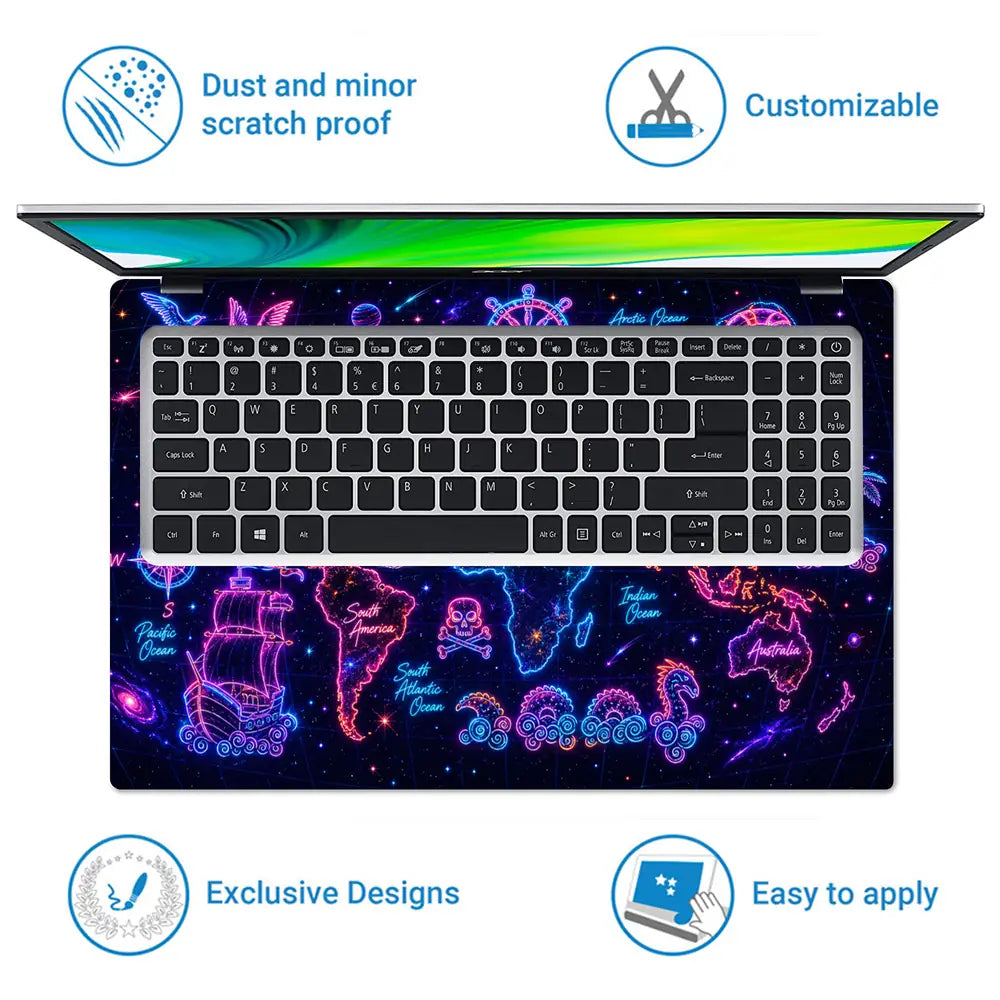 Doodle World Map Neon Dark Pirate Laptop Skin - View 5