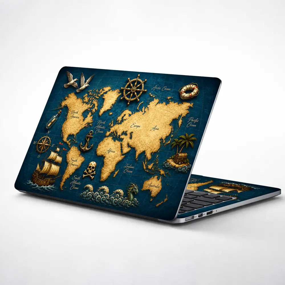 Doodle World Map Pirate Vintage Blue Laptop Skin - View 1