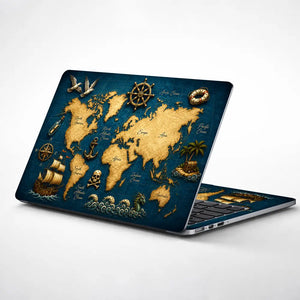 Doodle World Map Pirate Vintage Blue Laptop Skin - View 1