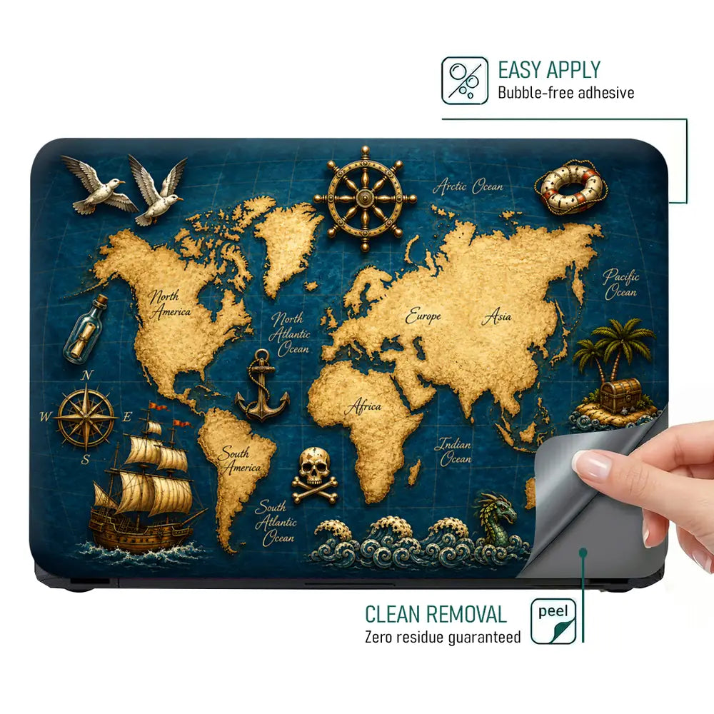 Doodle World Map Pirate Vintage Blue Laptop Skin - View 4