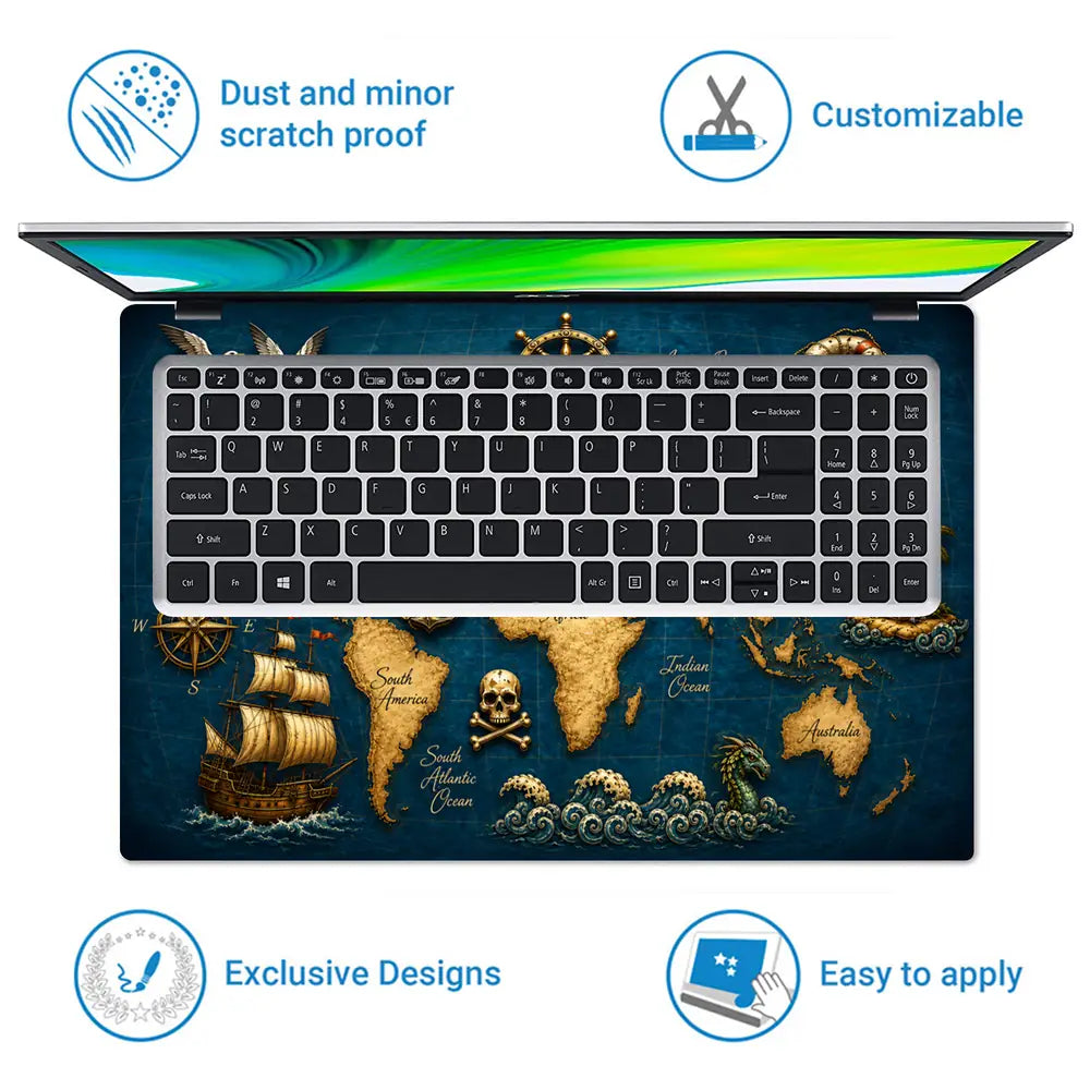 Doodle World Map Pirate Vintage Blue Laptop Skin - View 5