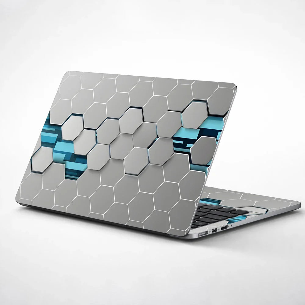 Universal Laptop Skin - Grey & Teal 3D Hexagon Tech Pattern