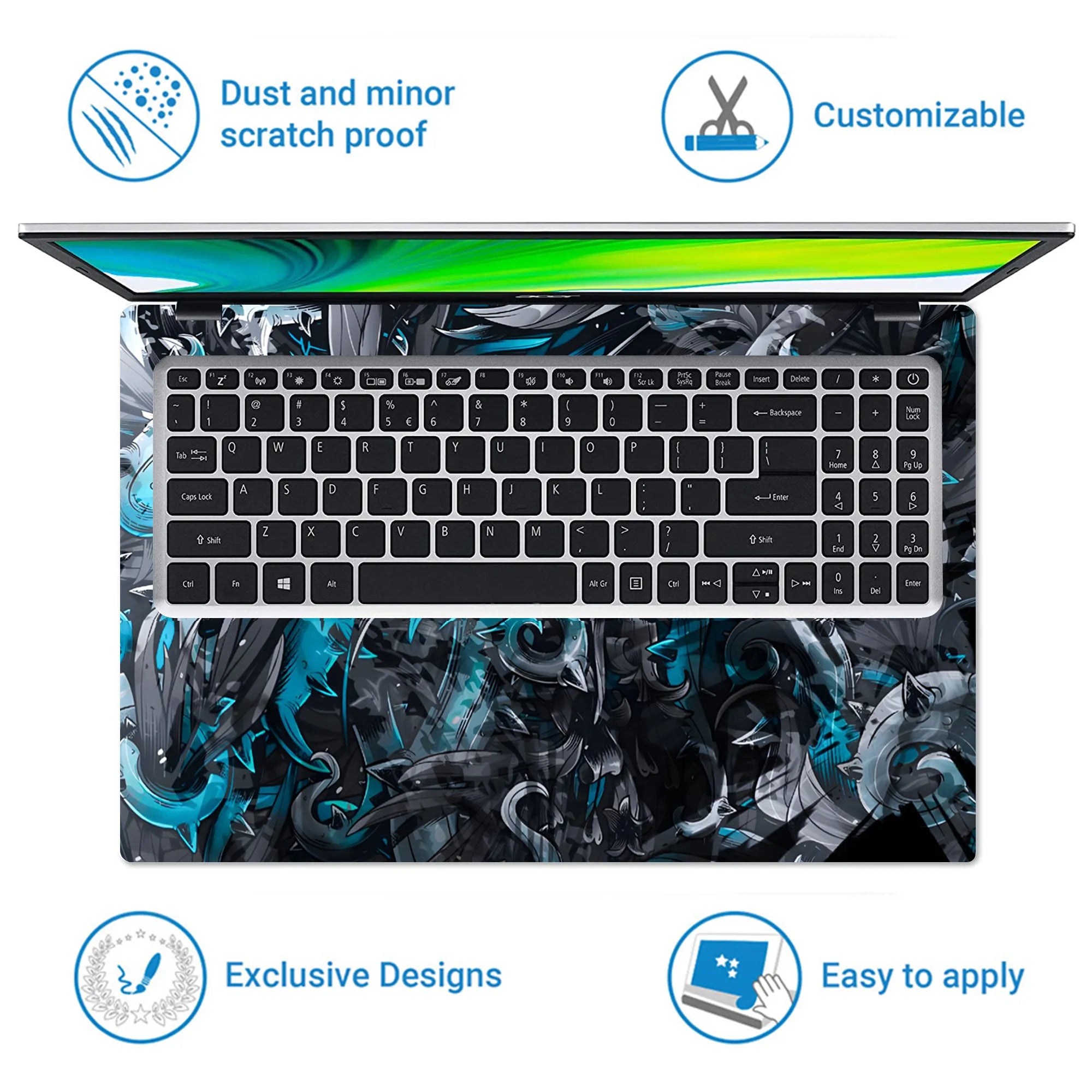 Laptop Skin - Dynamic Abstract Swirls Blue Contrast