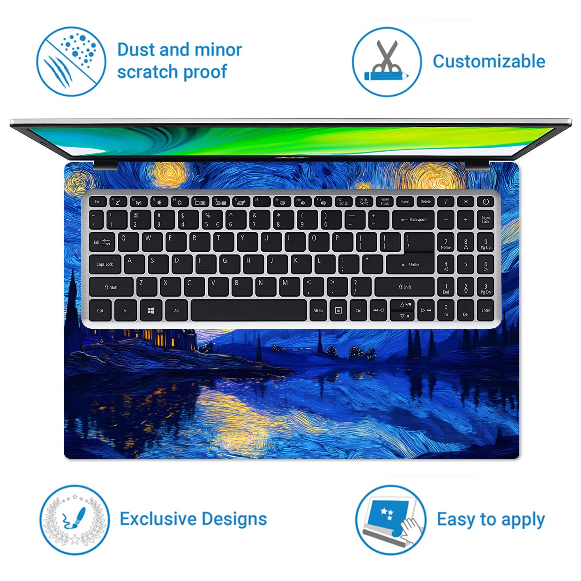 Laptop Skin - Swirling Impressionist Castle Blue Night