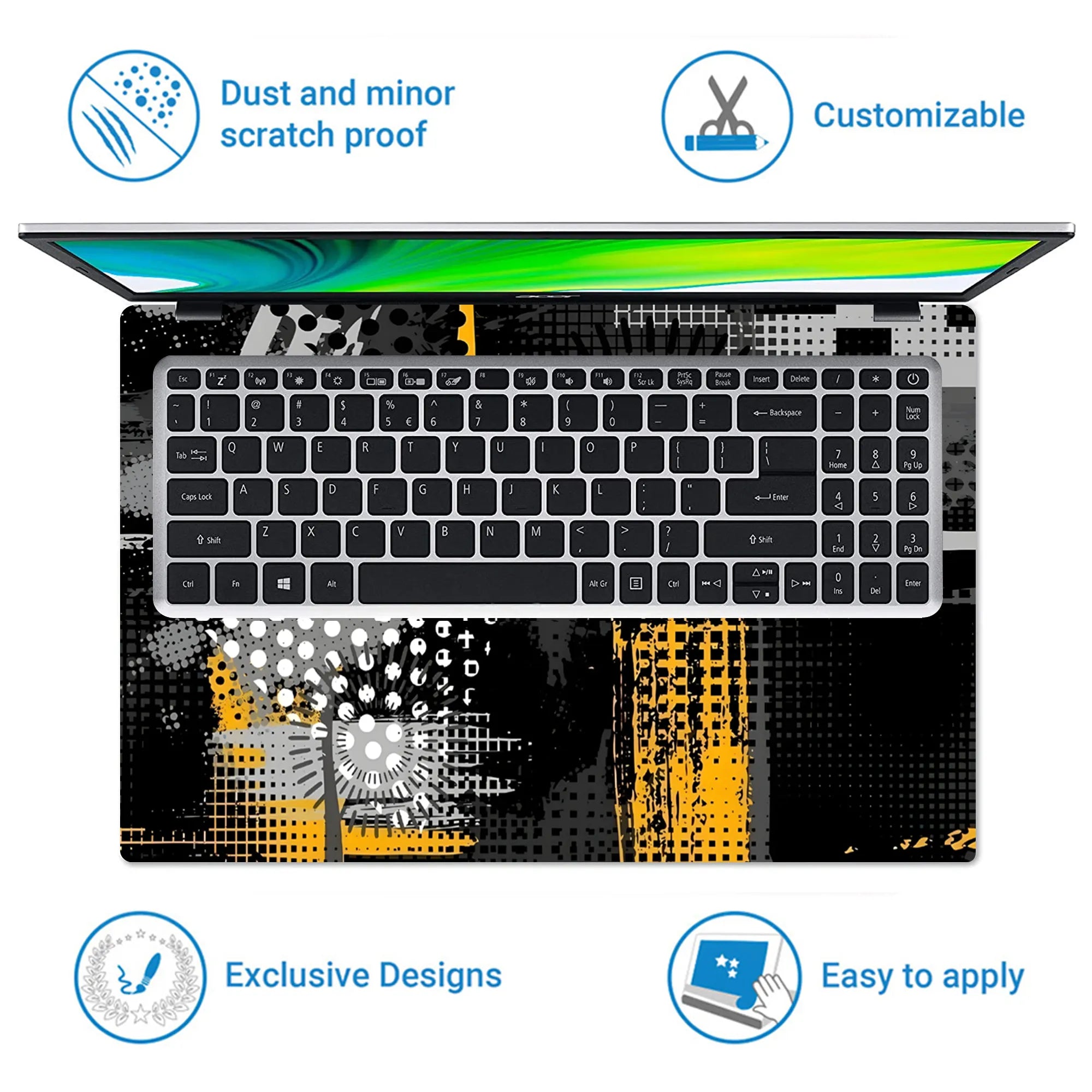 Laptop Skin - Dynamic Monochrome Abstract Art Yellow Accents