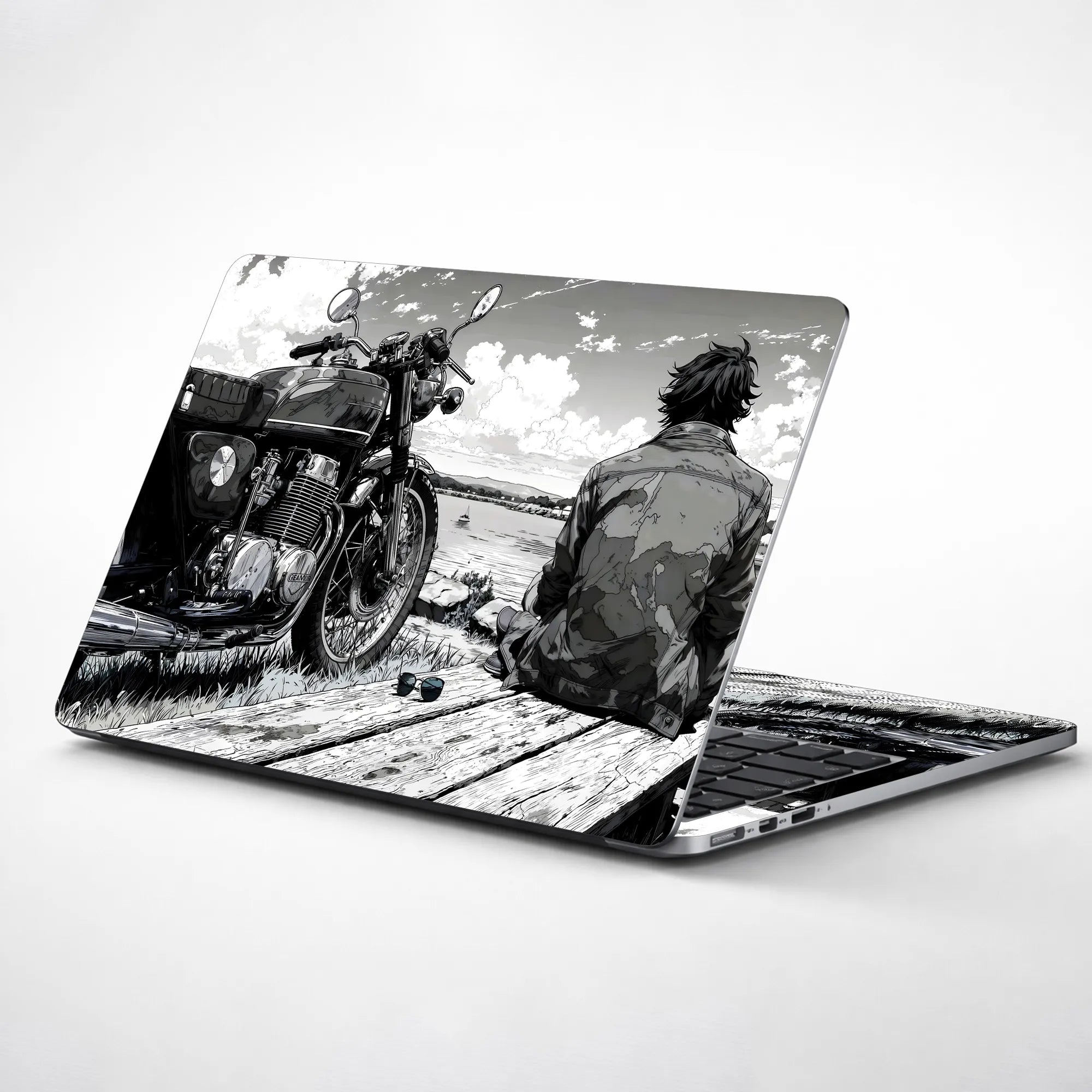 Laptop Skin - Monochrome Manga Rider Serene Landscape