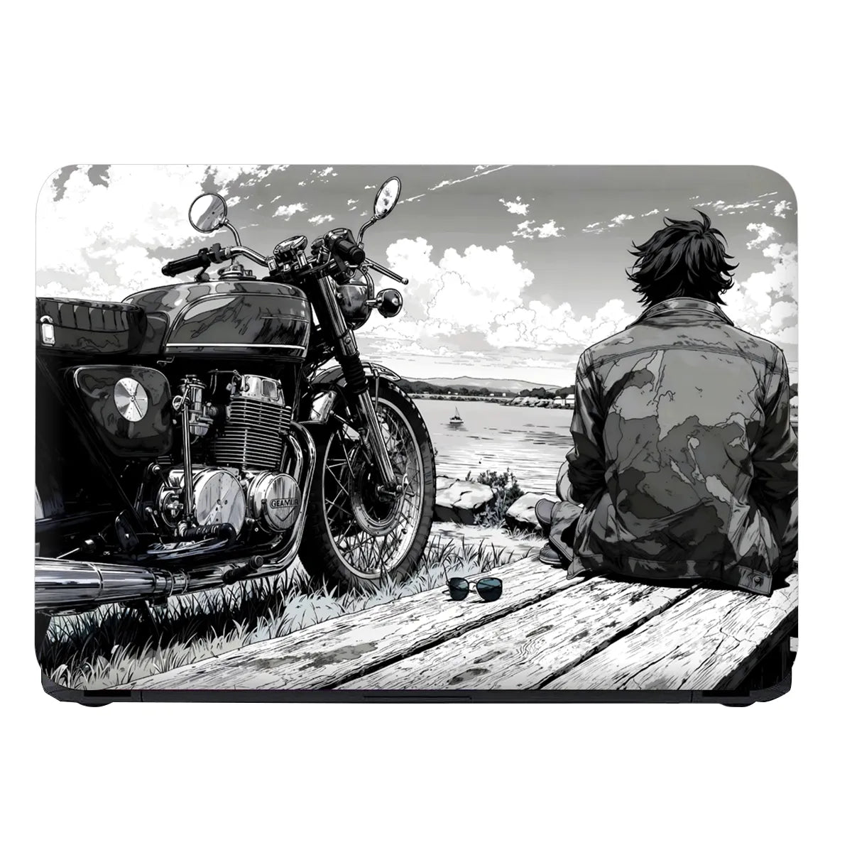 Laptop Skin - Monochrome Manga Rider Serene Landscape