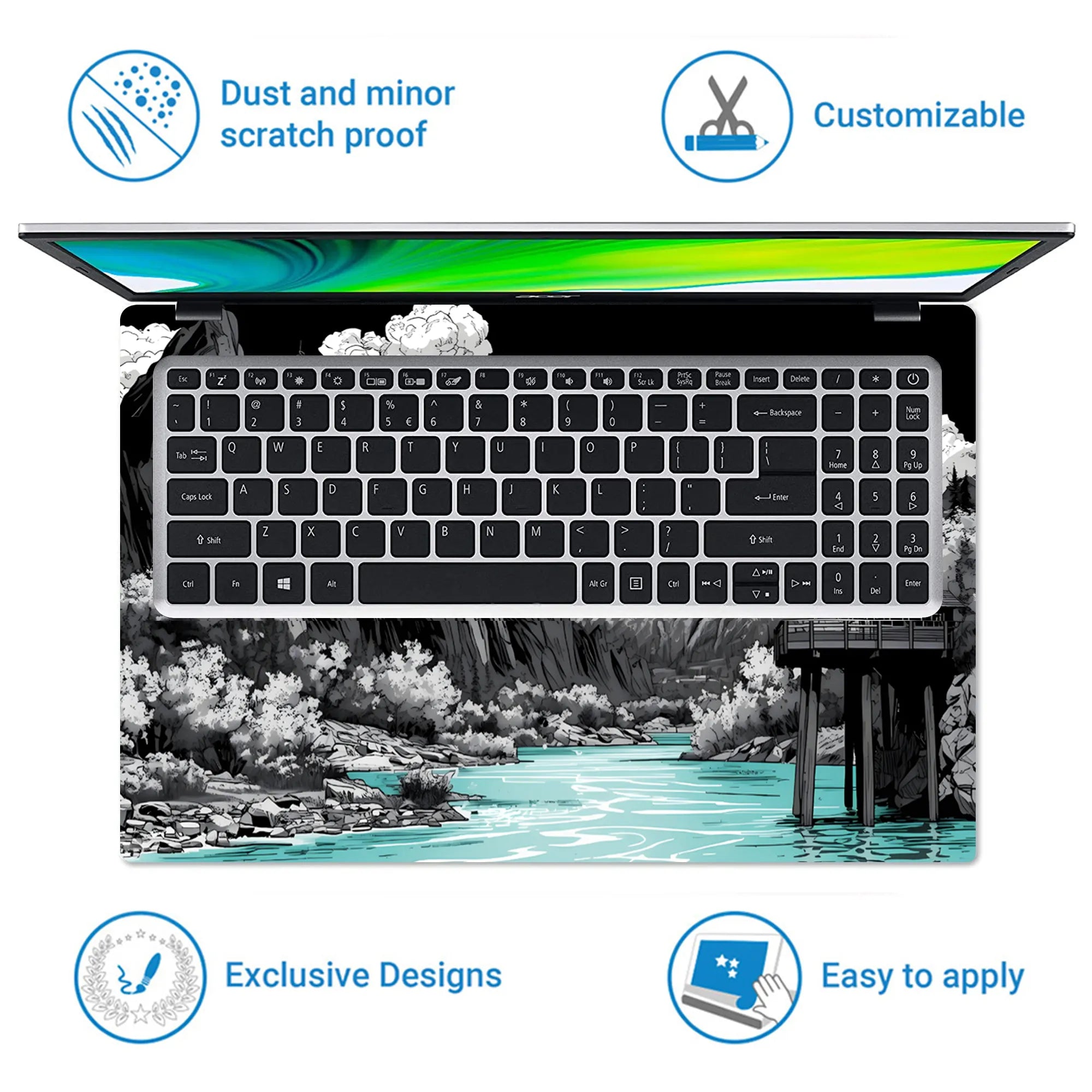Laptop Skin - Monochrome Landscape Illustration Turquoise Water