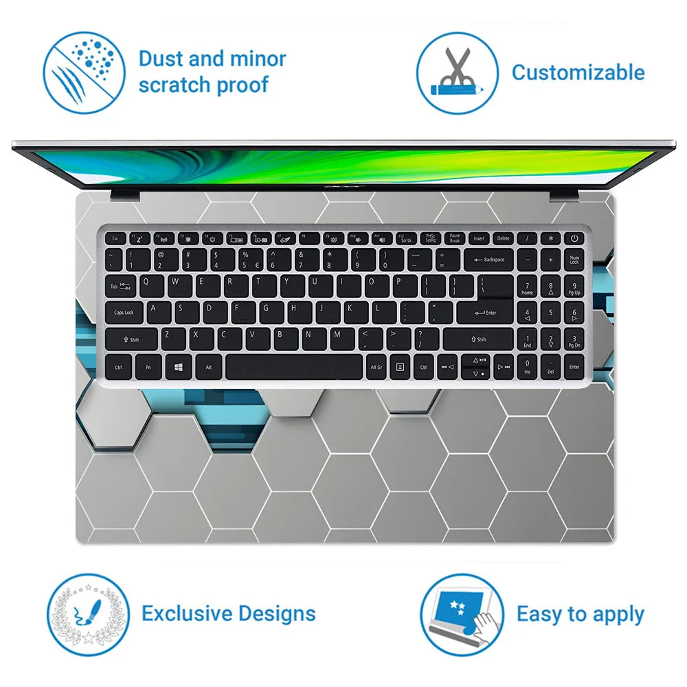 Universal Laptop Skin - Grey & Teal 3D Hexagon Tech Pattern