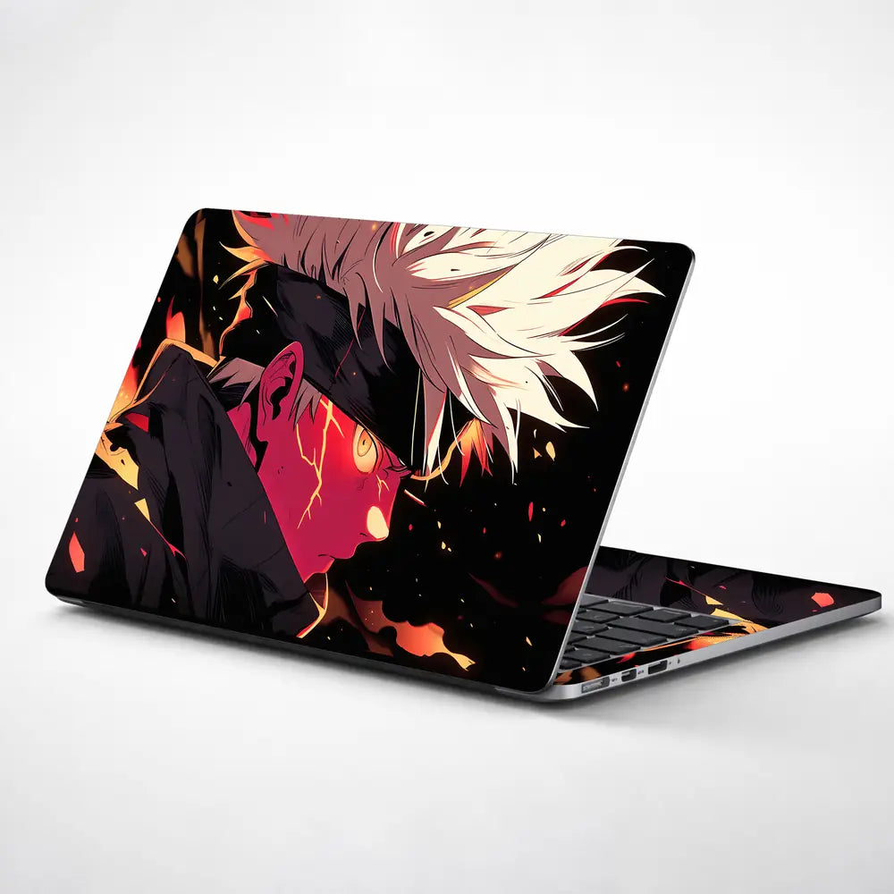 Dynamic Anime Character In Fiery Scene Laptop Skin - View 1