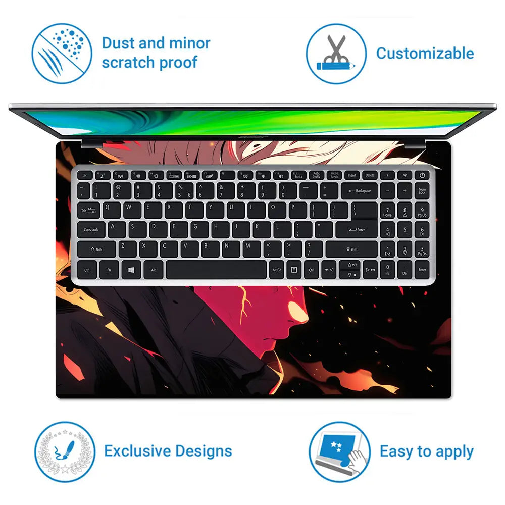 Dynamic Anime Character In Fiery Scene Laptop Skin - View 5