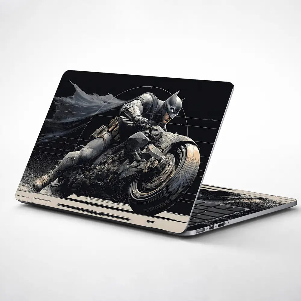 Dynamic Superhero Batman Riding Motorcycle Laptop Skin - View 1