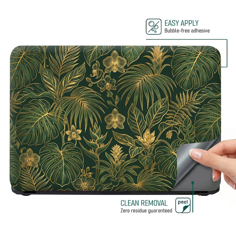 Elegant Tropical Leaves In Gold Laptop Skin - View 4