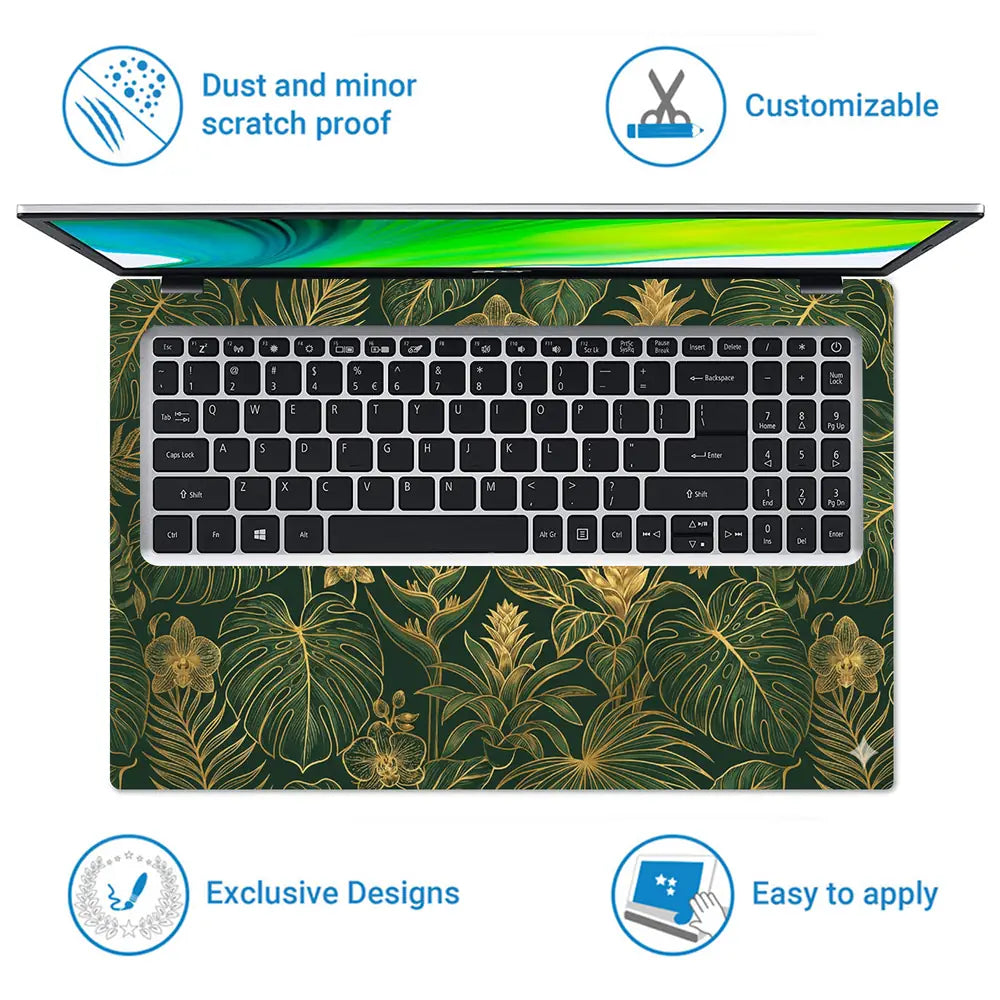 Elegant Tropical Leaves In Gold Laptop Skin - View 5
