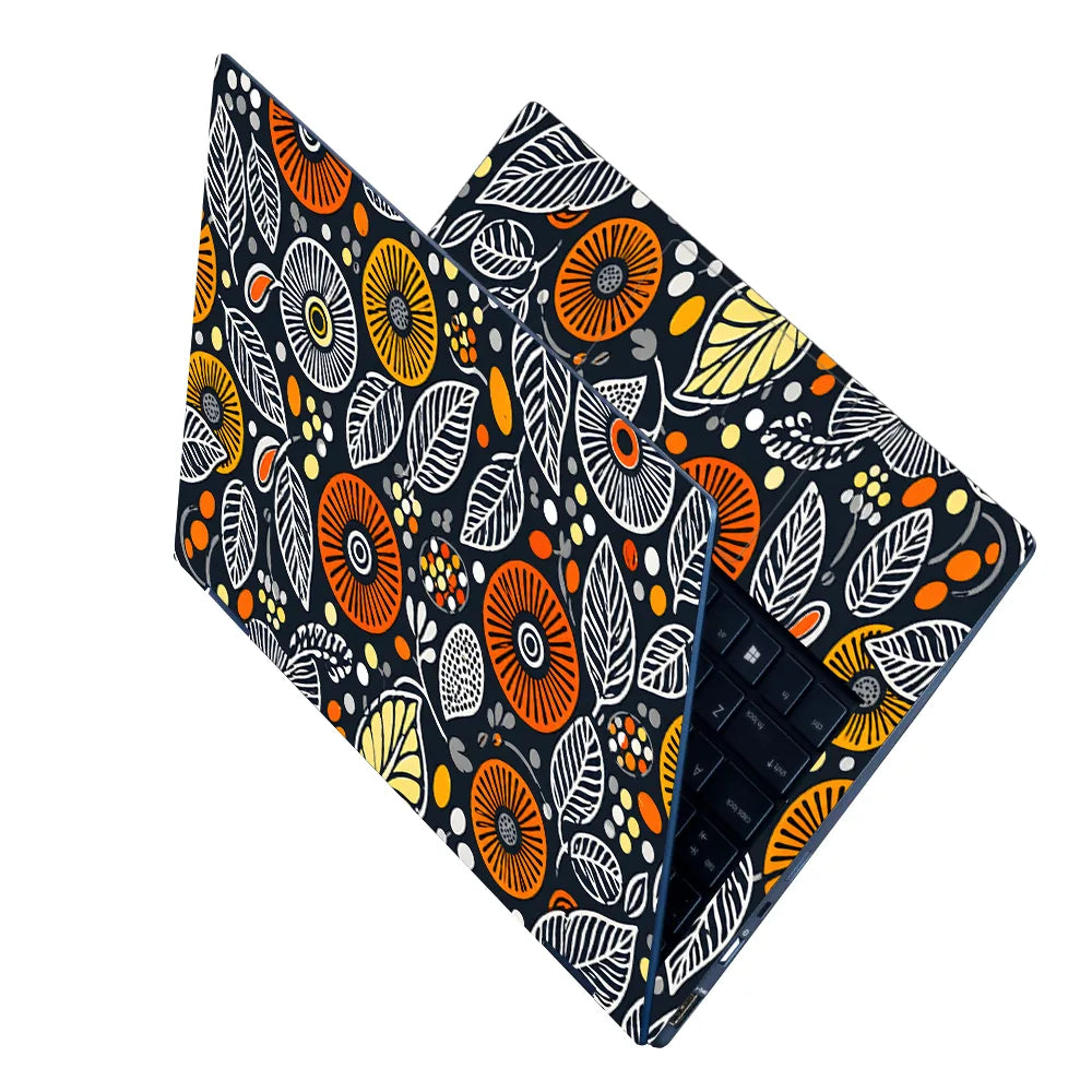 Folk Flowers Leaves Orange Laptop Skin - View 2