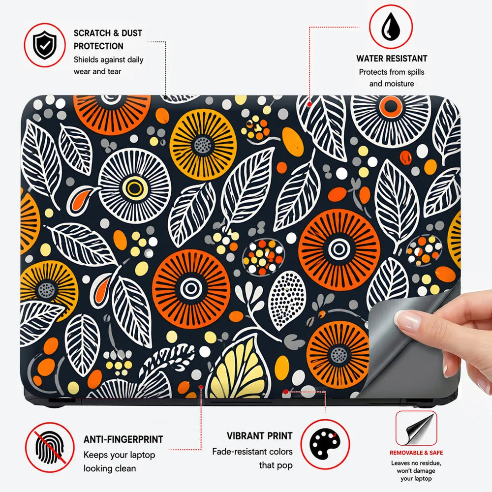 Folk Flowers Leaves Orange Laptop Skin - View 4