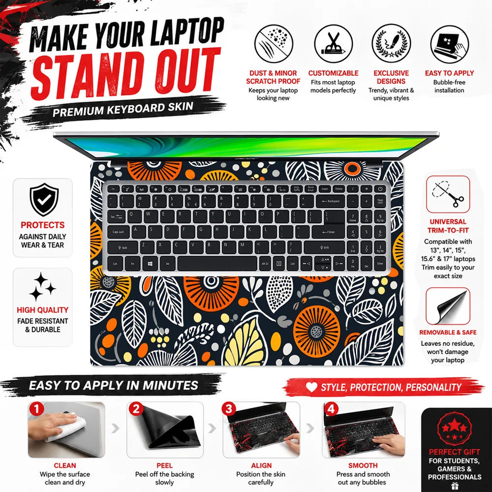 Folk Flowers Leaves Orange Laptop Skin - View 5