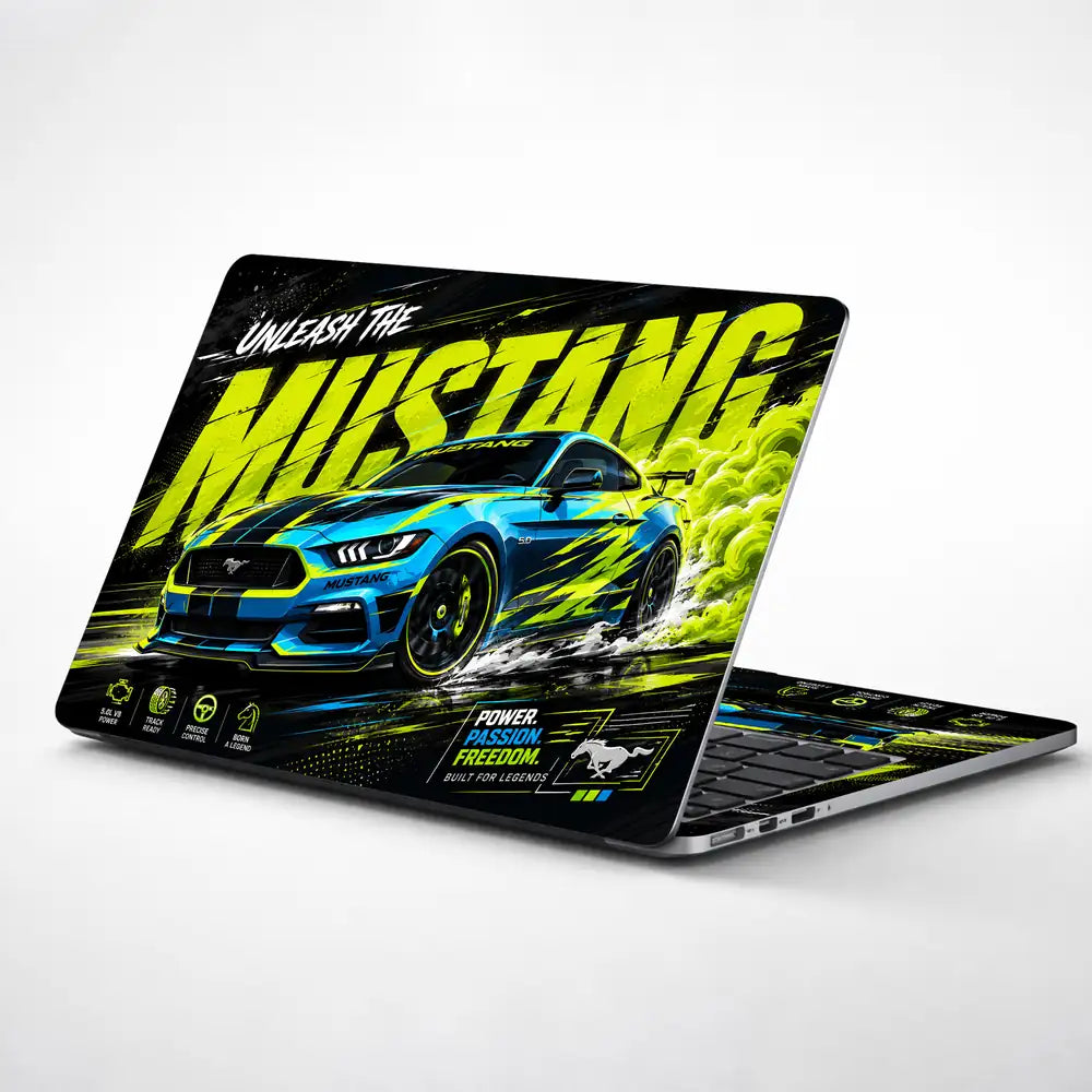 Ford Mustang Blue Yellow Neon Laptop Skin - View 1