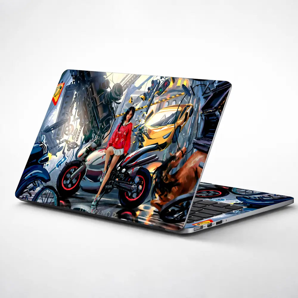 Girl with Motorcycle Sci-Fi Art Laptop Skin - View 1