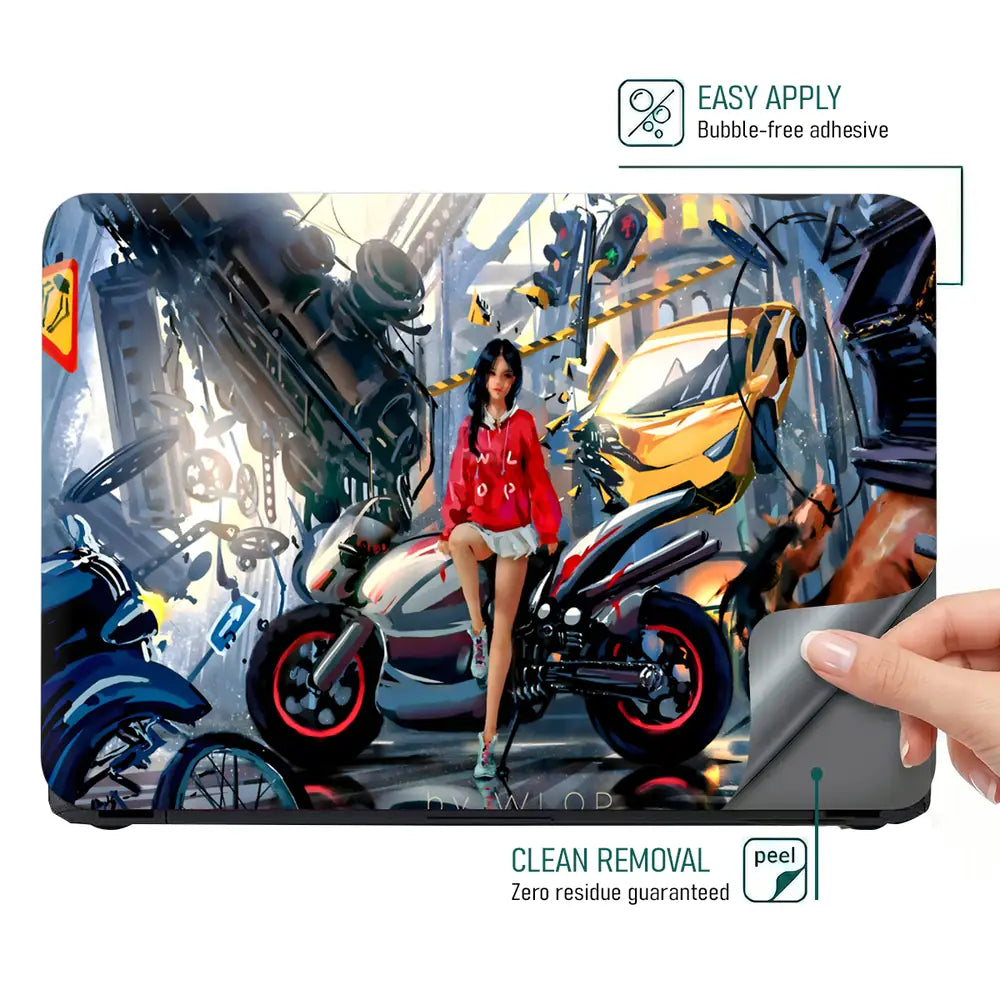 Girl with Motorcycle Sci-Fi Art Laptop Skin - View 4